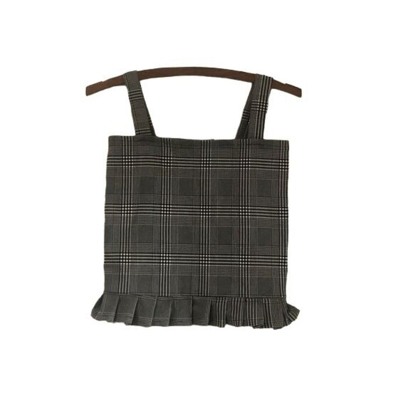 Womens 90s Gingham Plaid Black White Squared Neck Pleated Sleeveless Top Medium - Picture 1 of 3